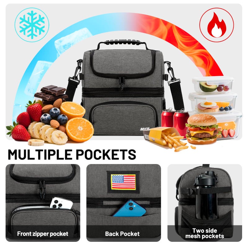 MIER Dual Compartment Lunch Bag Tote with Shoulder Strap for Men and Women Insulated Leakproof Cooler Bag, Grey - Image 3